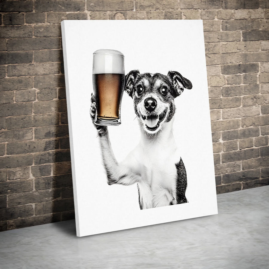 Funny Dog with Beer Canvas Wall Art | Selective Color Photography | Premium Thick Gallery Wrap | Man Cave Decor Gift for Beer Lover