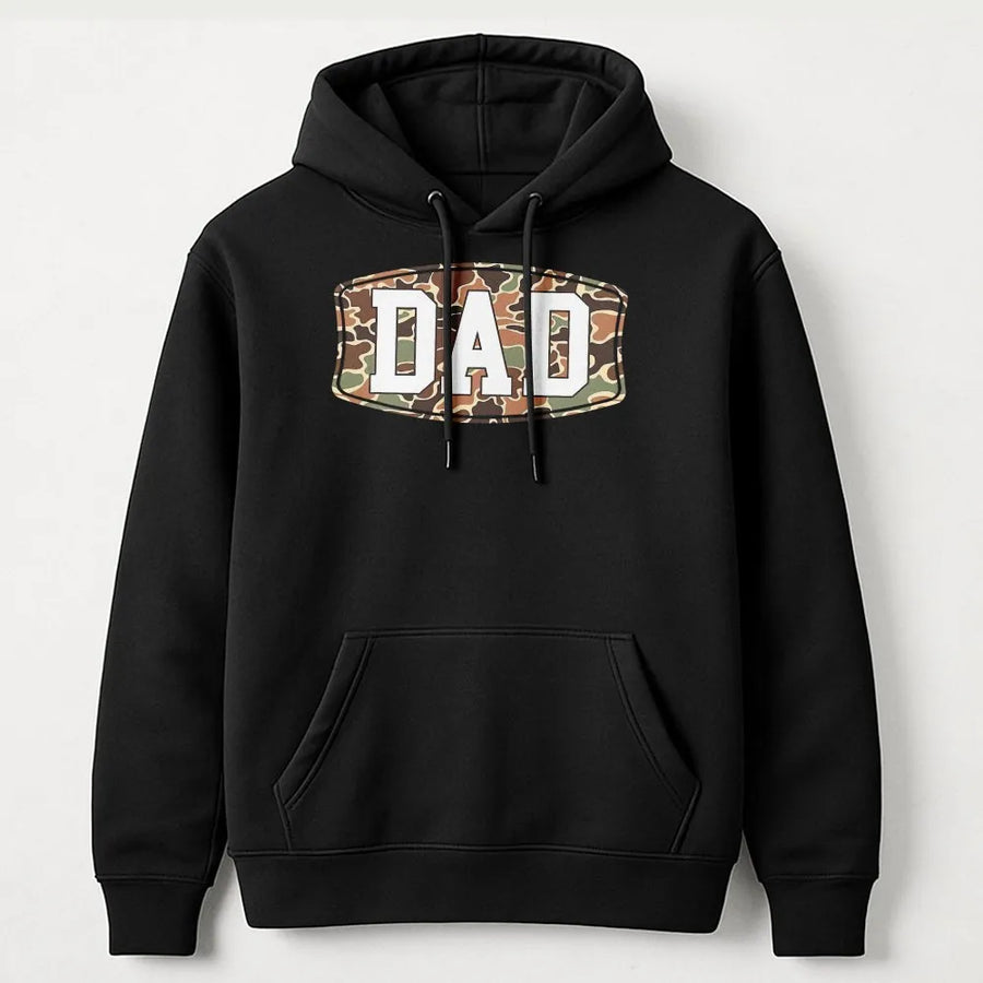 Camo Dad Hoodie Sweatshirt | Camouflage Hunting Print with Large Back Graphic | Premium Cotton-Poly Blend | Father’s Day Gift for Dad, Papa, Outdoorsman