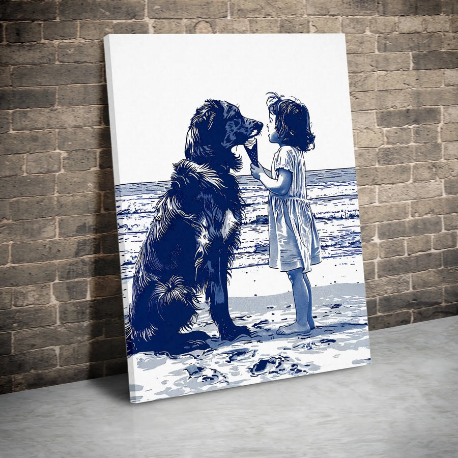 Girl And Dog Beach Canvas Art | Sweet Ice Cream Summer Illustration | Premium Gallery Wrapped Print | Heartwarming Coastal Decor Gift