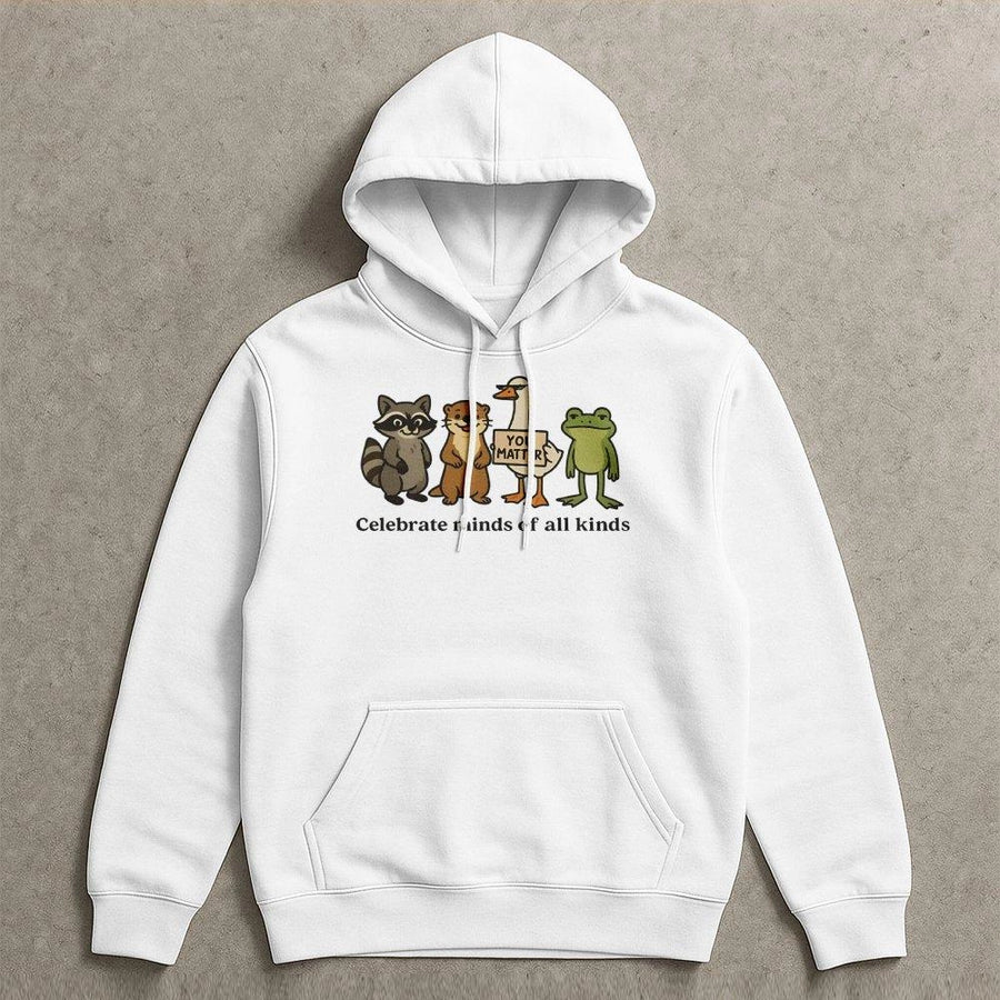 Celebrate Minds Of All Kinds Hoodie | Cute Neurodiversity Animal Graphic | Premium Cotton Blend | Mental Health Awareness Gift for Teachers