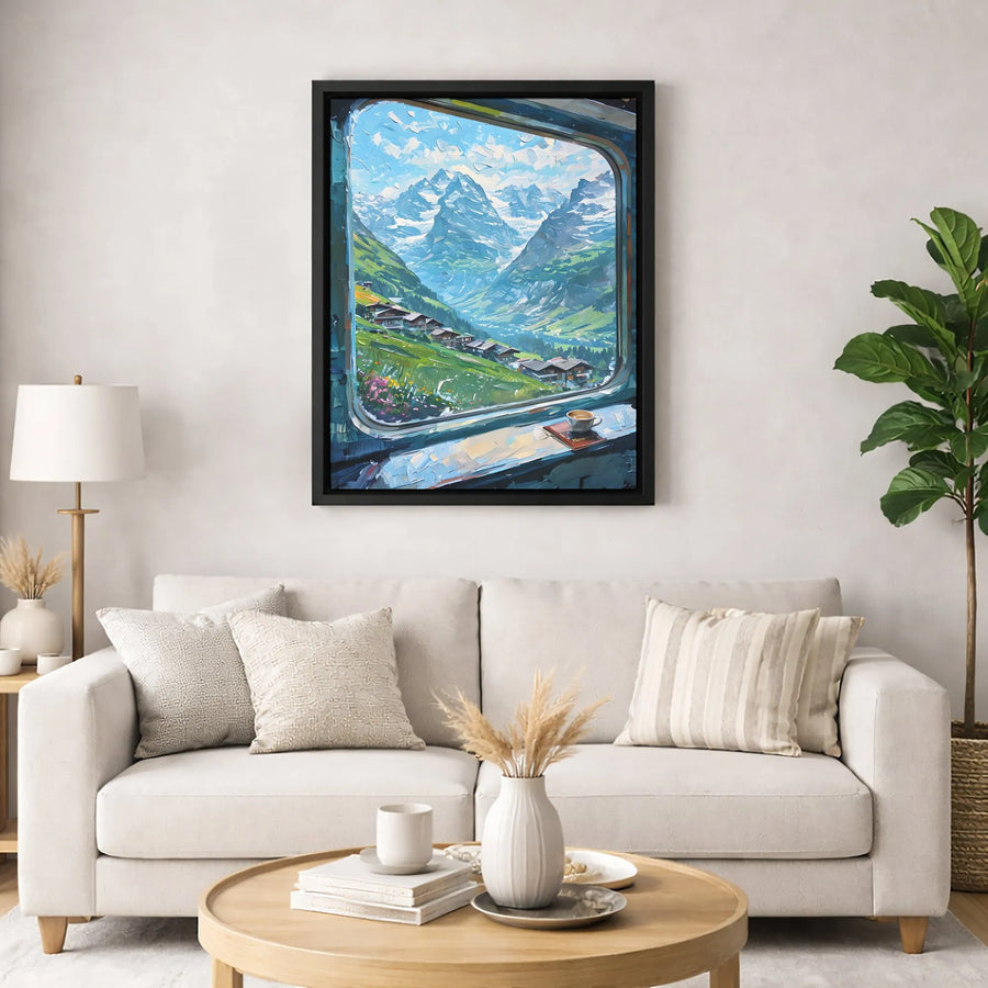 Swiss Alps Mountain View Canvas | Train Window Impressionist Landscape Art | Premium Fade-Resistant Gallery Wrap | Travel Inspired Home Decor Gift