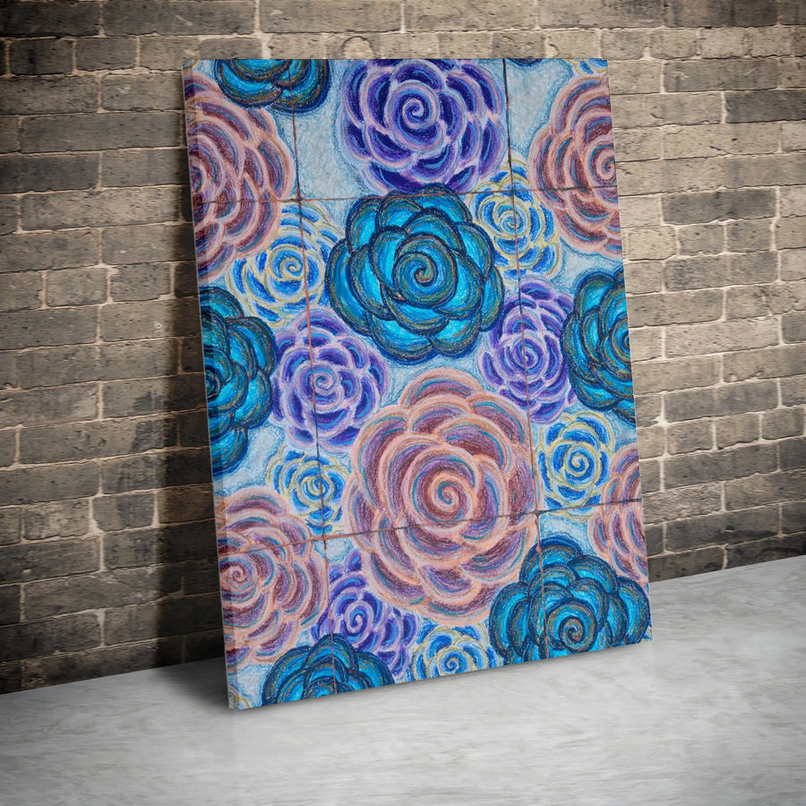 Floral Rose Canvas Wall Art | Hand-Drawn Blue And Pink Botanical Pattern | Premium Gallery-Wrapped Print | Modern Home Decor For Living Room