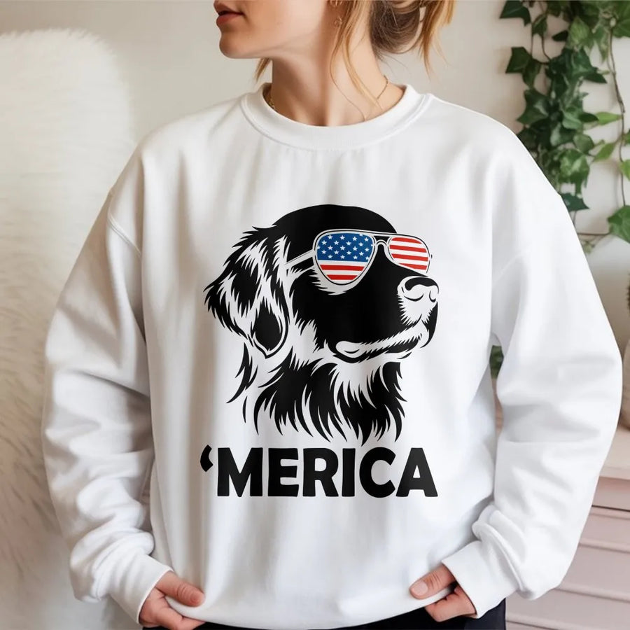 Patriotic Golden Retriever Sweatshirt | Dog with American Flag Sunglasses | Cozy Cotton Blend | Funny 4th of July Gift for Dog Lovers