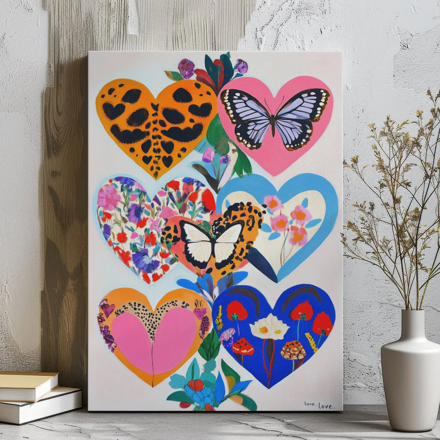 Colorful Heart Canvas Wall Art | Butterfly and Floral Pattern Print | Premium 1.25-Inch Gallery Wrap | Bohemian Home Decor Gift