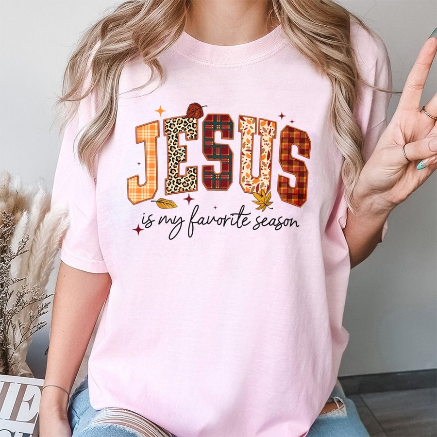 Jesus Is My Favorite Season T-Shirt | Fall Plaid Leopard Print Graphic | Premium Soft Cotton | Christian Thanksgiving Faith Gift for Women