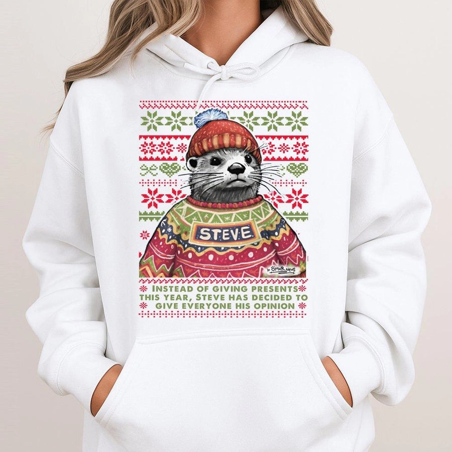 Steve The Otter Funny Christmas Hoodie | Ugly Sweater Graphic Design | Premium Cotton-Poly Blend | Humorous Holiday Gift for Animal Lovers