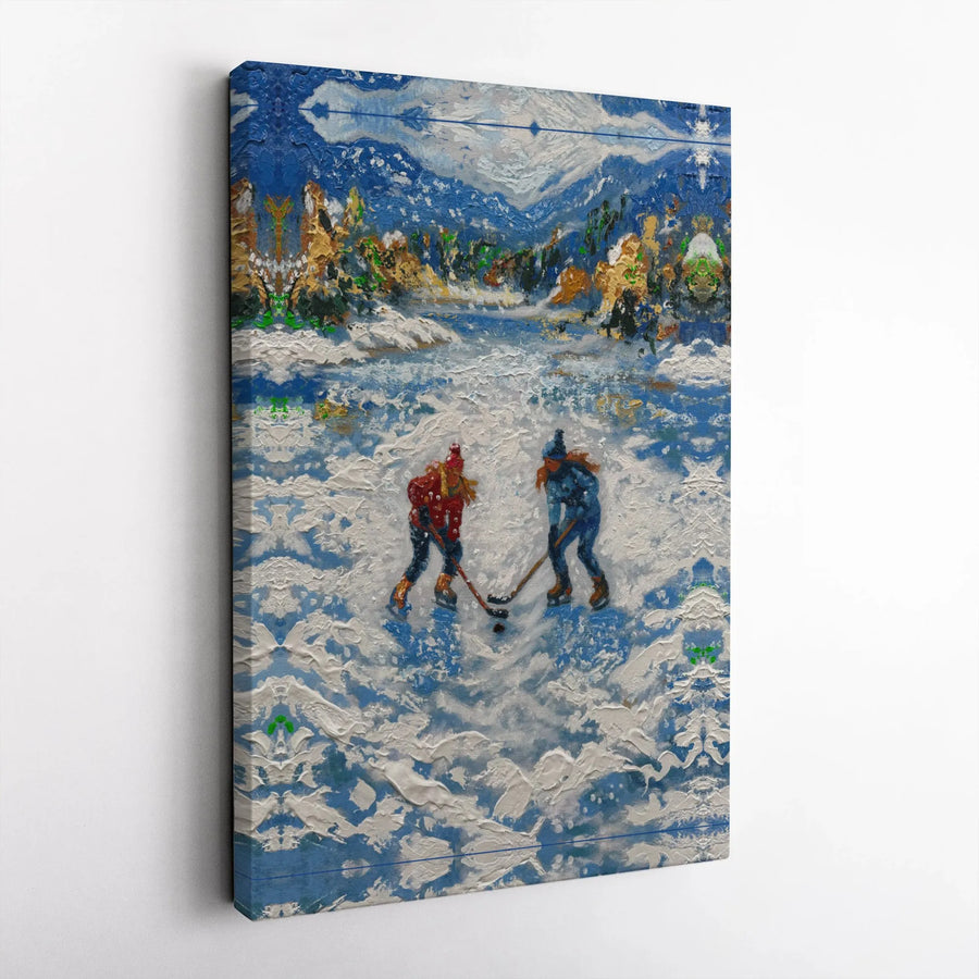 Ice Hockey Pond Canvas Print | Winter Sports Oil Painting Style | Gallery Wrapped 1.25" Profile | Christmas Gift for Hockey Fan