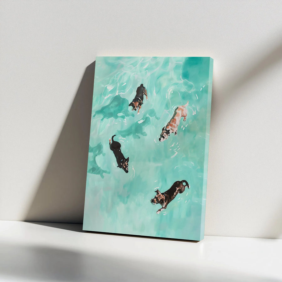 Dog Swimming Pool Canvas Print | Aerial Coastal Water Art | Gallery Wrap Premium Decor | Dog Lover Wall Art Gift