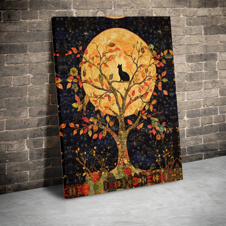 Black Cat Tree of Life Canvas Art | Full Moon Silhouette Print | Premium Gallery Wrapped Decor | Whimsical Fall Wall Art Gift for Cat Lovers