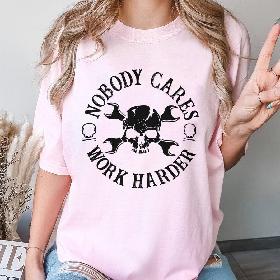 Nobody Cares Work Harder T-Shirt | Skull And Wrench Mechanic Graphic | 100% Cotton Premium Tee | Motivational Gift For Mechanics And Fitness Enthusiasts