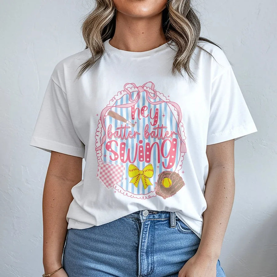 Hey Batter Batter Swing Softball T-Shirt | Preppy Coquette Bow Graphic | Premium 100% Cotton Tee | Gift for Softball Mom or Player