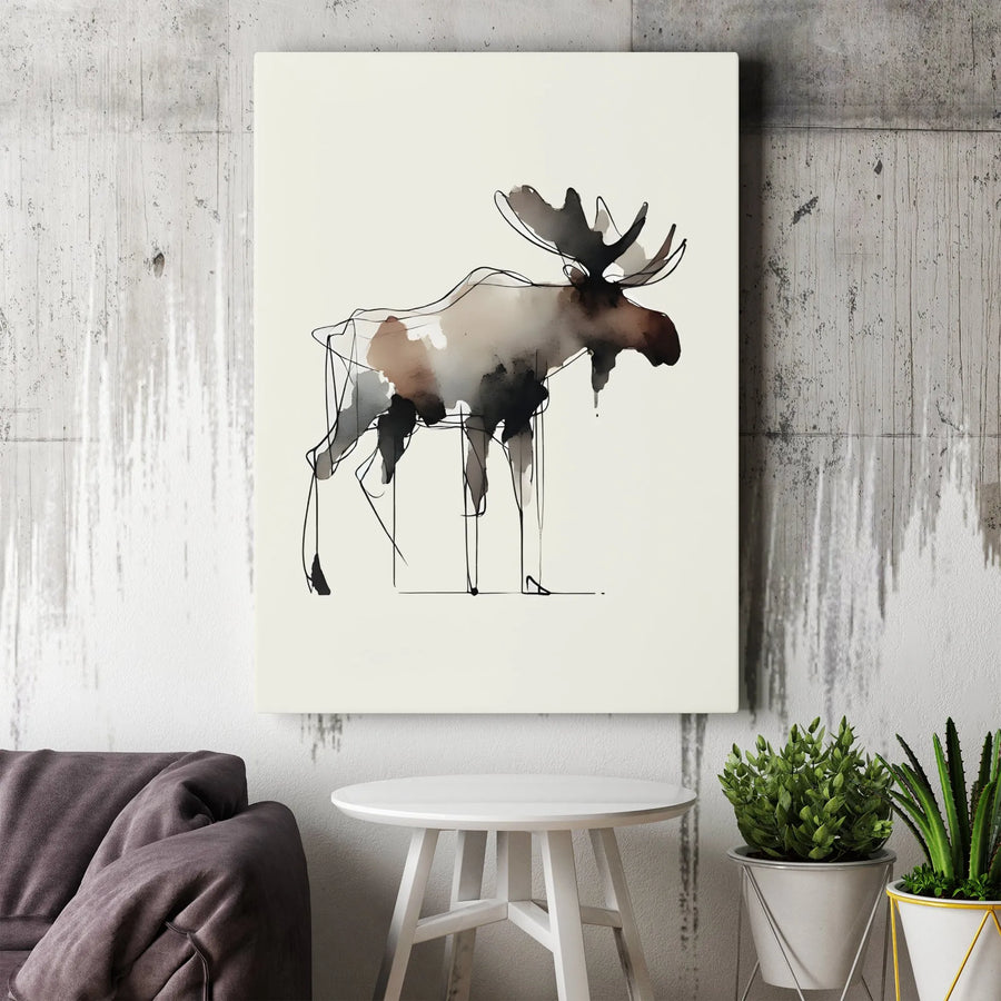 Moose Canvas Wall Art | Abstract Watercolor Line Drawing | Premium 1.25-Inch Gallery Wrap | Modern Lodge Home Decor