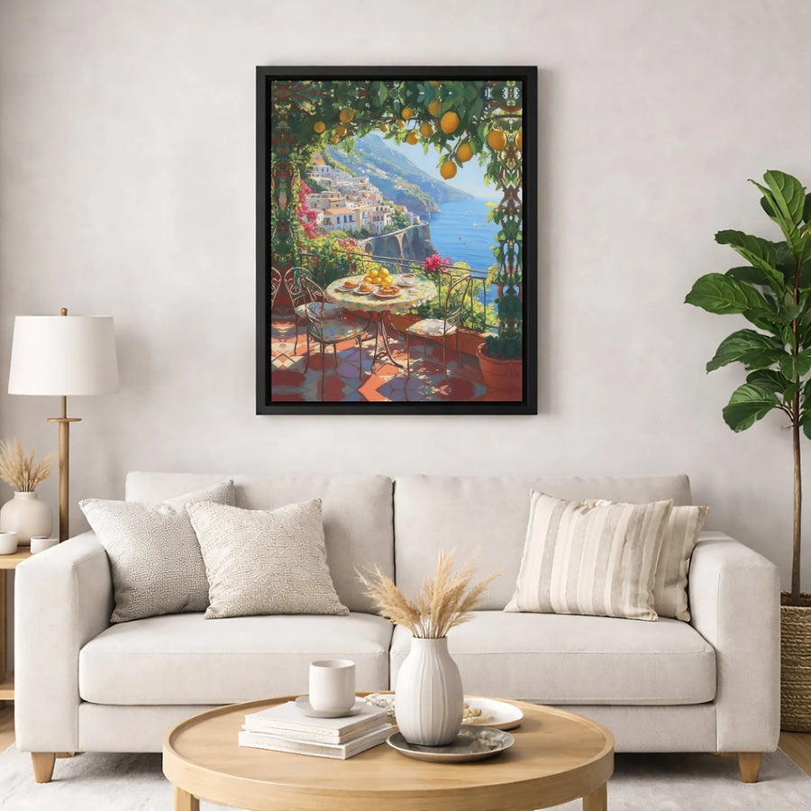 Amalfi Coast Wall Art | Italian Lemon Tree Seaside Balcony View | Premium Gallery Wrap Canvas | Mediterranean Home Decor Gift