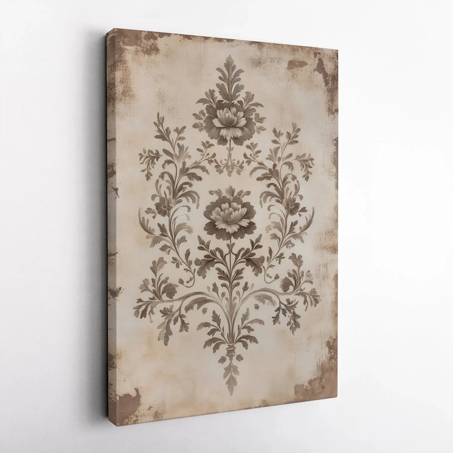 Vintage Damask Floral Canvas Wall Art | Distressed Brown Botanical Print | 1.25 Inch Gallery Wrap | Elegant Home Decor for Living Room Bedroom