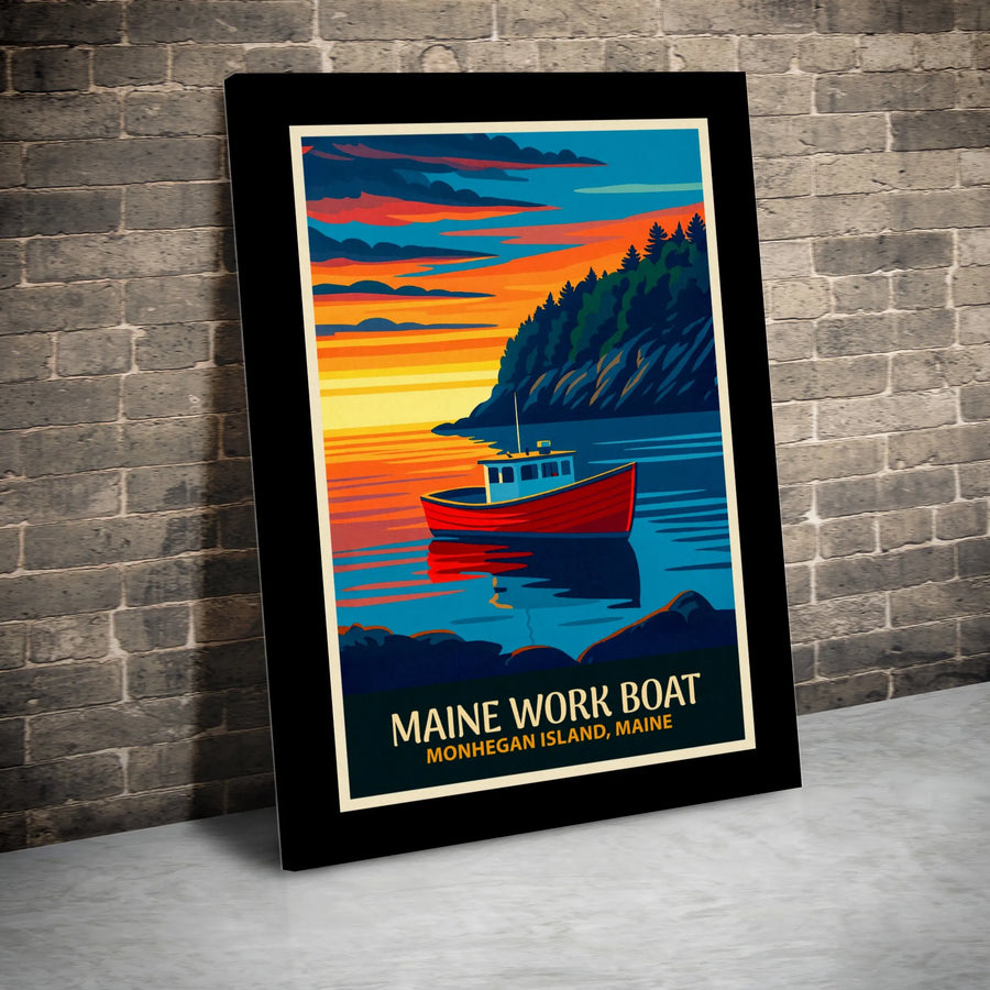 Maine Coast Canvas Wall Art | Monhegan Island Work Boat Illustration | Premium Gallery Wrap Print | Coastal Home Decor Nautical Gift