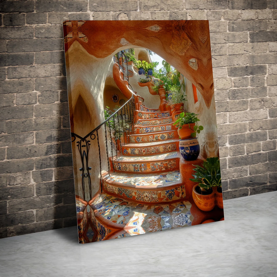 Mediterranean Staircase Canvas Print | Mosaic Tile Garden Wall Art | Premium Fade-Resistant Decor | Housewarming Gift for Home Office