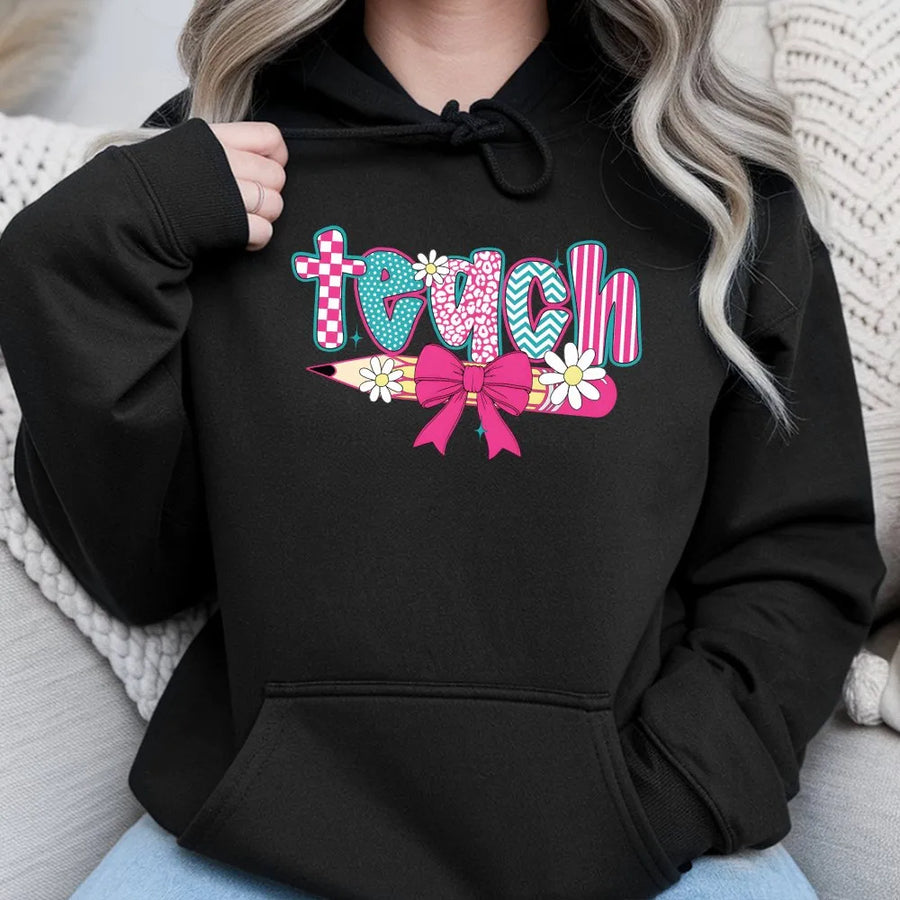 Coquette Teacher Hoodie | Retro Floral Pencil & Teach Graphic | Soft Cotton Tee | Teacher Appreciation Gift for Her