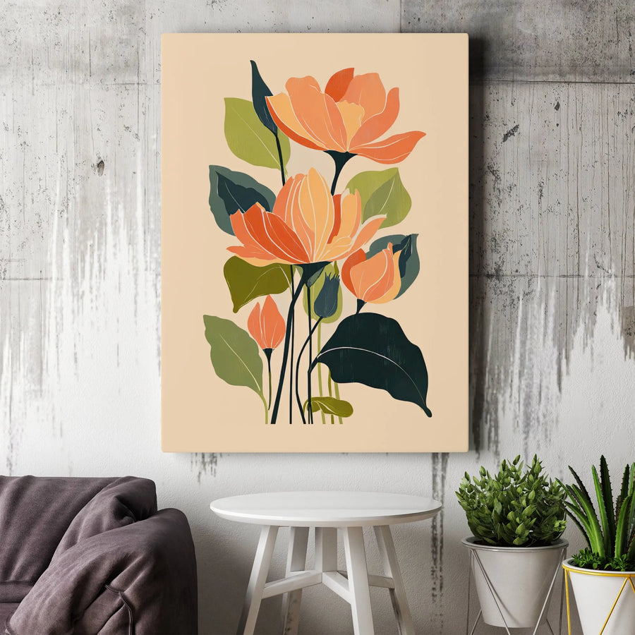 Mid-Century Botanical Canvas Wall Art | Stylized Orange Flower Illustration | Premium Gallery-Wrapped Print | Minimalist Home Decor Gift