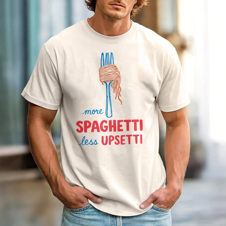 More Spaghetti Less Upsetti T-Shirt | Funny Food Graphic Tee | Premium 100% Cotton | Quirky Gift for Pasta Lovers & Foodies