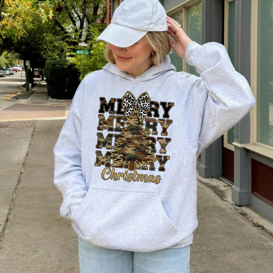 Camo Christmas Tree Hoodie | Leopard Bow Holiday Graphic Print | Premium Cotton-Blend Sweatshirt | Festive Country Style Gift For Women