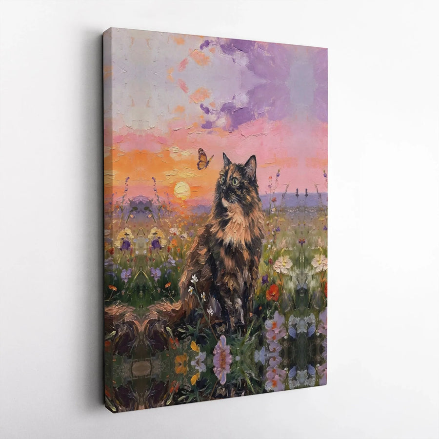Tortoiseshell Cat Canvas Print | Impressionist Wildflower Meadow Art | Thick Gallery Wrap Canvas | Premium Gift for Cat Lover