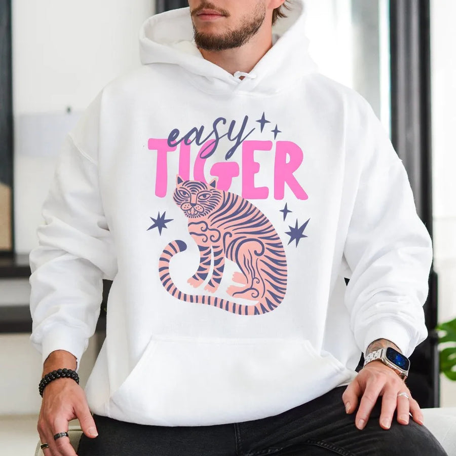 Easy Tiger Hoodie | Retro Tiger Graphic | Premium Soft Cotton Blend | Trendy Boho Pullover Gift for Her