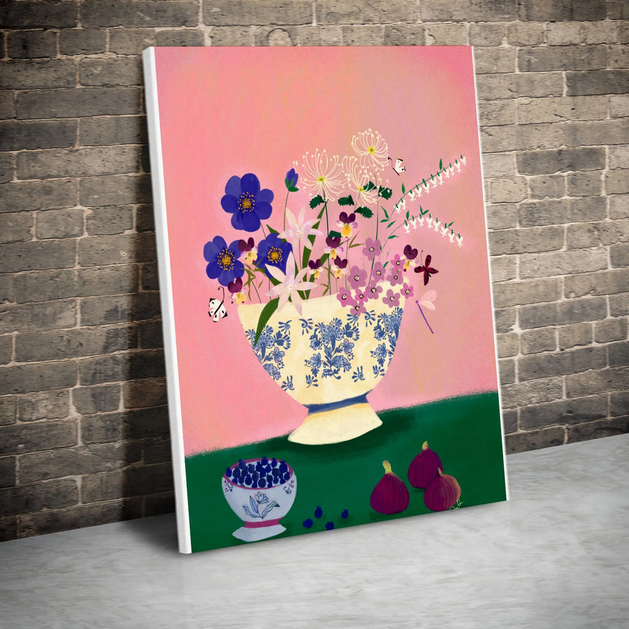 Delft Wildflower Vase Canvas Print | Vibrant Pink Botanical Still Life | Premium Gallery Quality Art | Modern Kitchen Wall Decor Gift