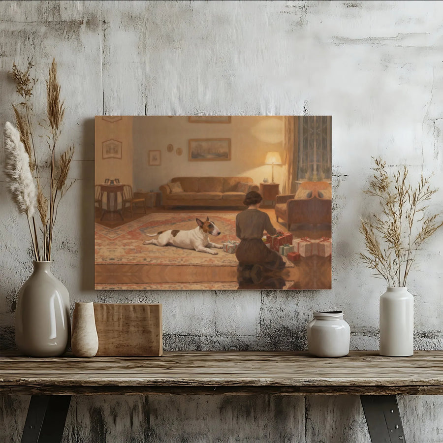 Bull Terrier Christmas Canvas Wall Art | Vintage Holiday Painting with Woman Wrapping Gifts | Premium Matte Print | Unique Gift for Dog Lover