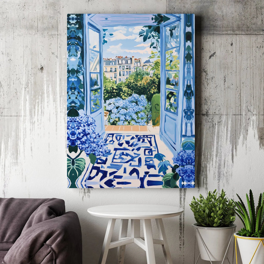 Parisian Balcony Canvas Wall Art | Impressionist View with Blue Hydrangeas | Thick Gallery Wrap Canvas | Modern French Country Decor Gift