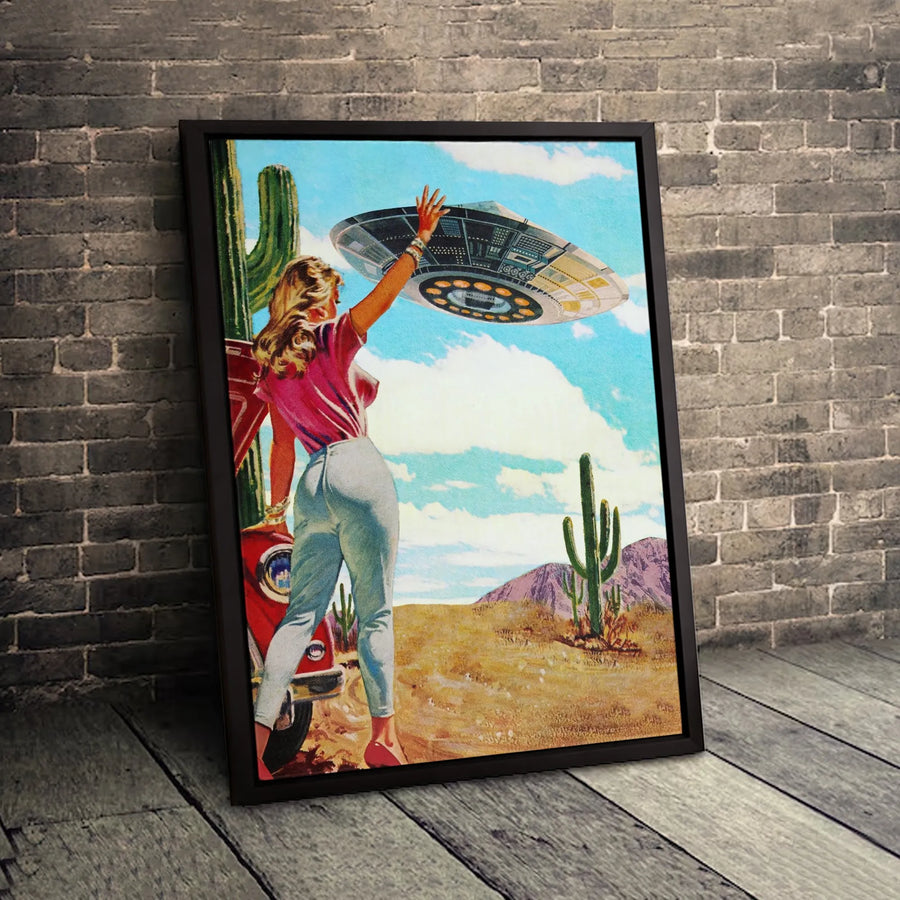 Retro Alien UFO Canvas Wall Art | Mid-Century Pin-Up Desert Scene | Premium Gallery Wrap Print | Unique Sci-Fi Home Decor Gift