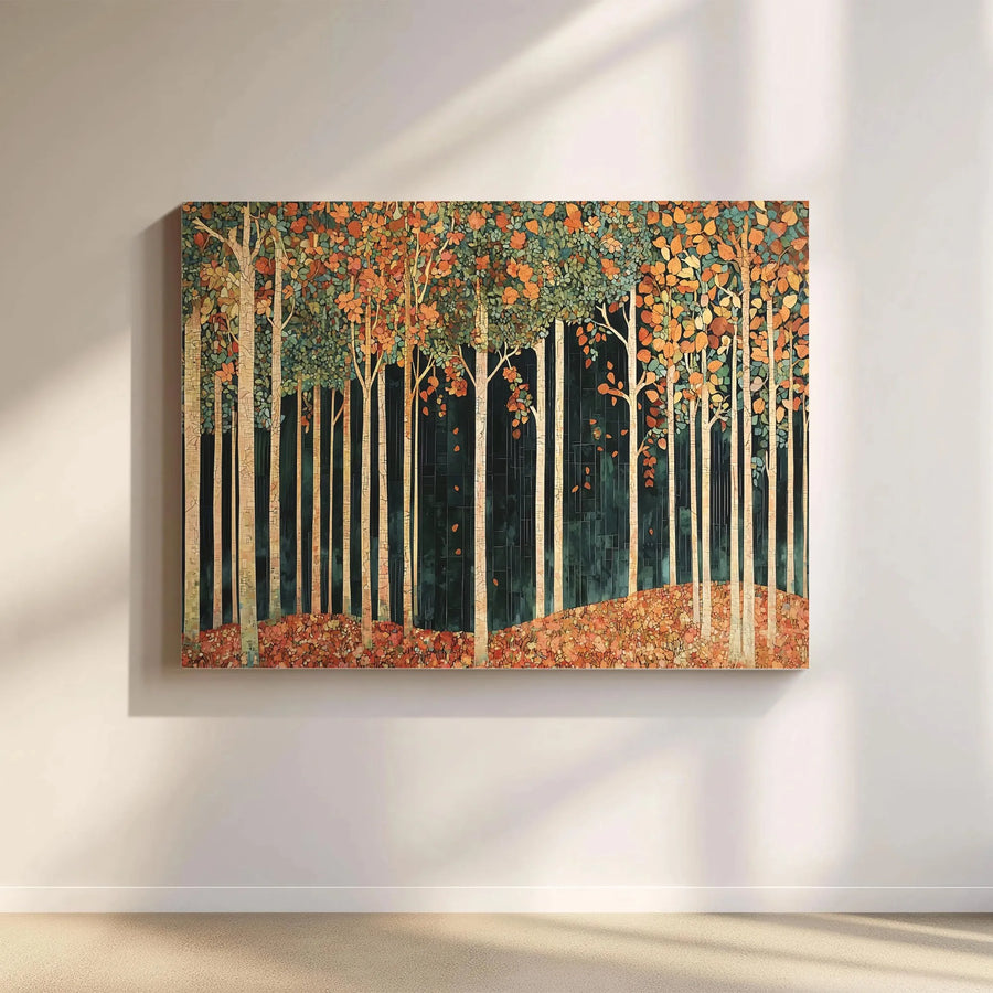 Autumn Forest Canvas Wall Art | Mosaic Birch Tree Landscape | Premium 1.25" Gallery Wrap | Nature Home Decor Gift for Living Room