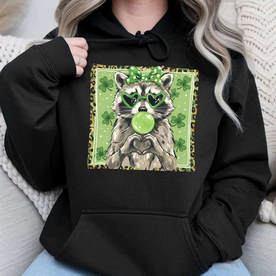 Lucky Raccoon St Patricks Day Hoodie | Cute Leopard Print Shamrock Graphic | Soft Premium Cotton Blend | Funny Irish Holiday Gift for Her