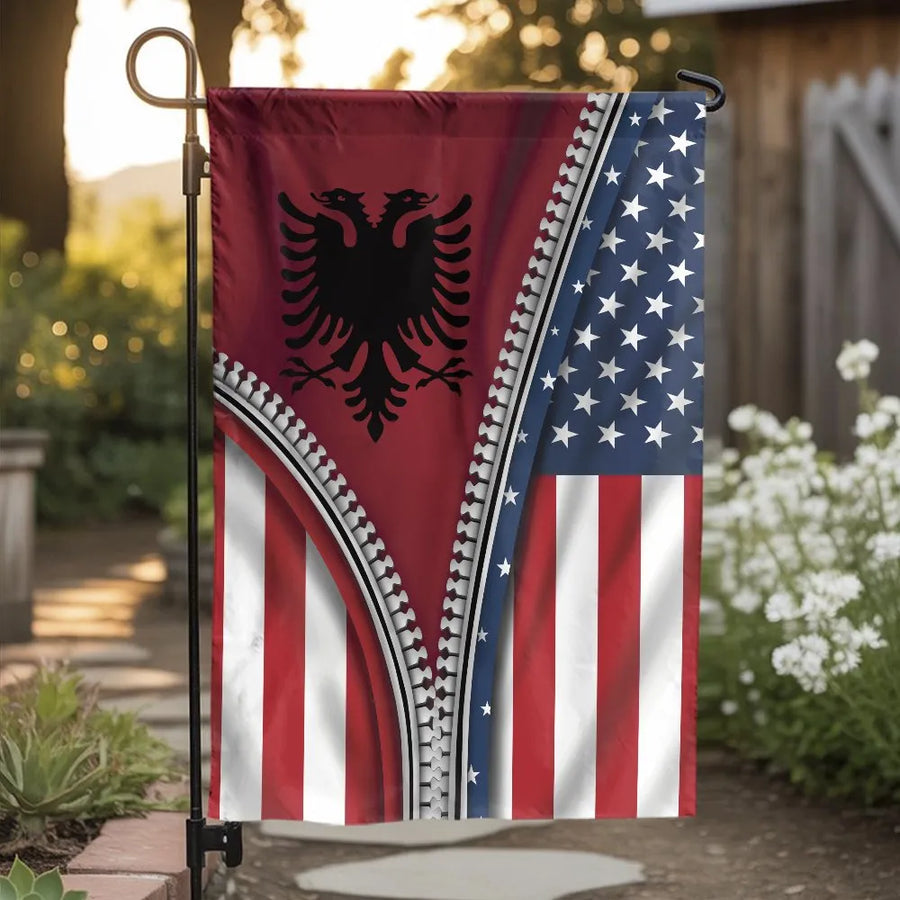 Albanian American Garden Flag | Double Sided Zipper Reveal Print | Weatherproof Polyester | Patriotic Yard Decor Gift for Albanian Americans