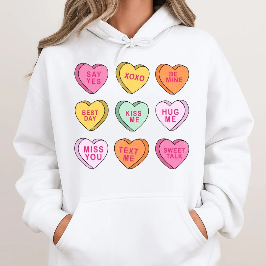 Conversation Hearts Hoodie | Pastel Candy Heart Valentine Design | Premium Soft Cotton Blend | Cute Aesthetic Valentines Day Gift For Her