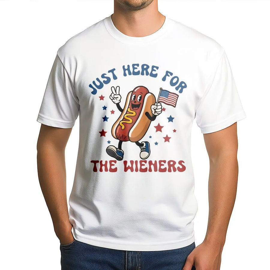 Funny 4th of July T-Shirt | Just Here For The Wieners Slogan | Premium Soft Cotton Blend | Patriotic BBQ Party Gift for Men & Women