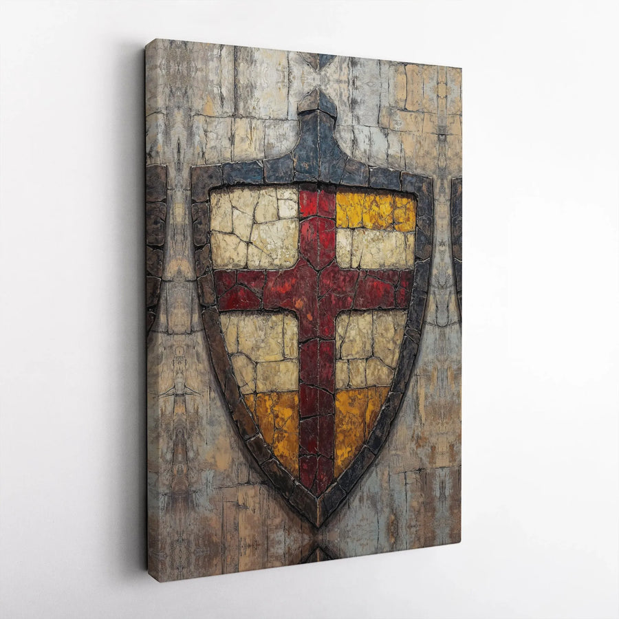 Medieval Knights Shield Canvas Wall Art | Rustic Stone Crusader Cross Print | Premium Gallery-Quality Canvas | Collector's Gift for Him