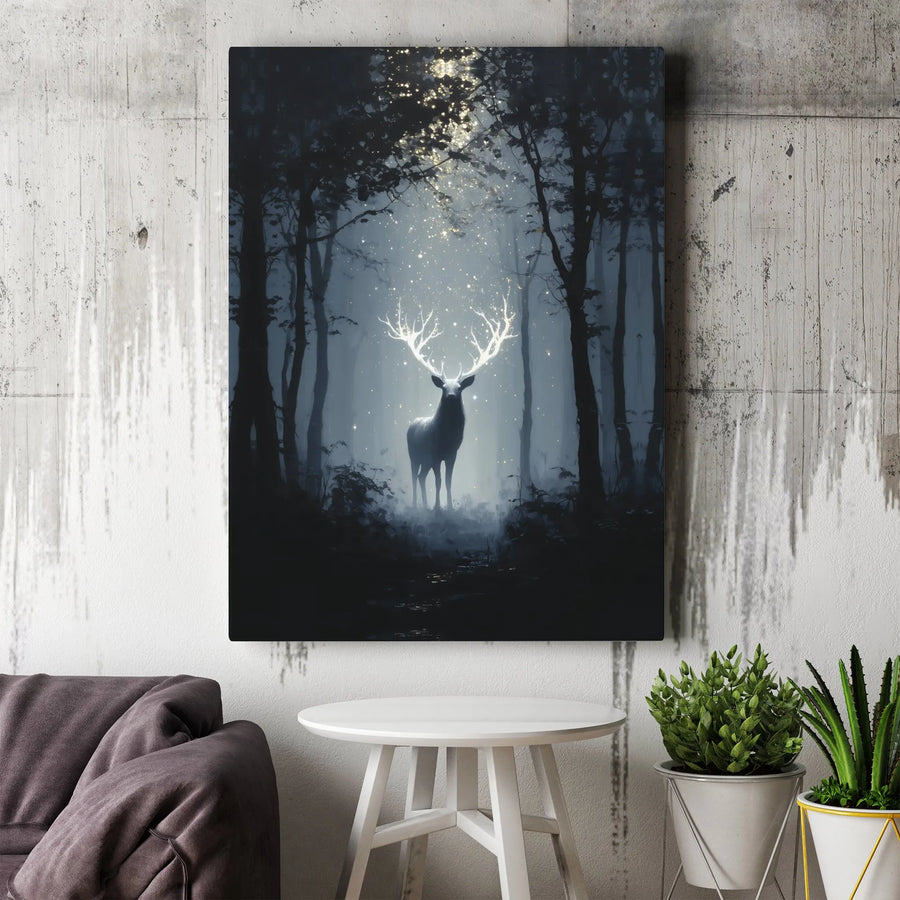 Mystical Stag Canvas Print | Glowing Antlers Enchanted Forest Art | Gallery-Quality 1.25 Inch Thick Profile | Ethereal Wildlife Home Decor Gift
