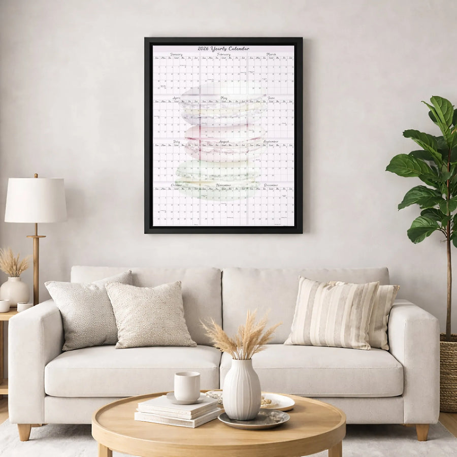 2026 Yearly Calendar Wall Art | Watercolor Macaron Pastry Print | Premium Gallery Wrapped Canvas | Kitchen Decor & Office Planner Gift