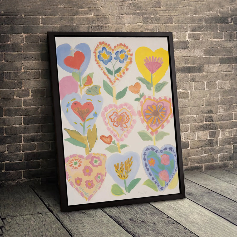 Folk Art Heart Flowers Canvas Wall Art | Colorful Botanical Floral Print | Gallery Quality Premium Decor | Romantic Gift For Her Home