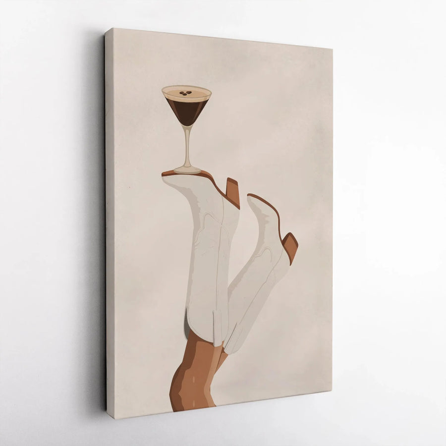 Espresso Martini Wall Art | White Cowboy Boots Cocktail Illustration | Gallery-Quality 1.25" Canvas | Trendy Bar Decor for Home or Kitchen