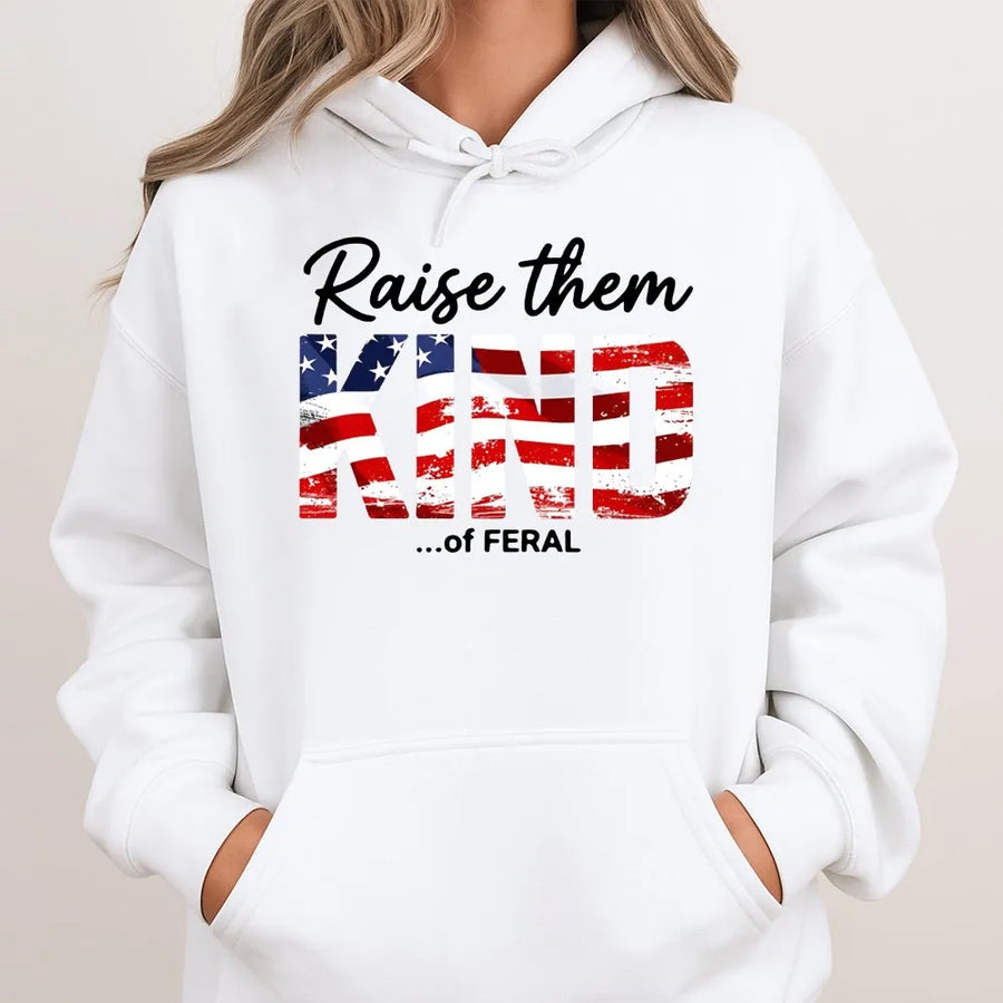 Patriotic Mom Shirt | Raise Them Kind Of Feral USA Flag Graphic | Premium Cotton Tee | Funny 4th of July Gift for Moms