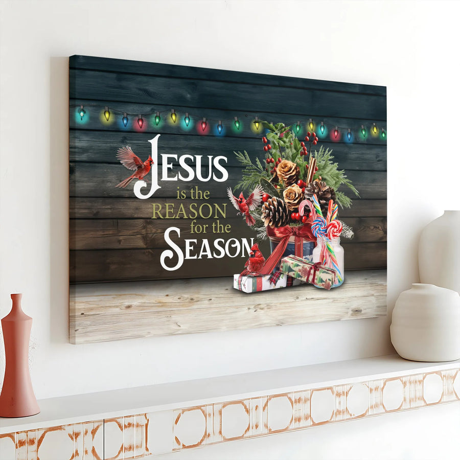 Christian Christmas Canvas | Jesus Is The Reason For The Season Wall Art with Cardinals | Premium High-Resolution Print | Religious Holiday Home Decor Gift