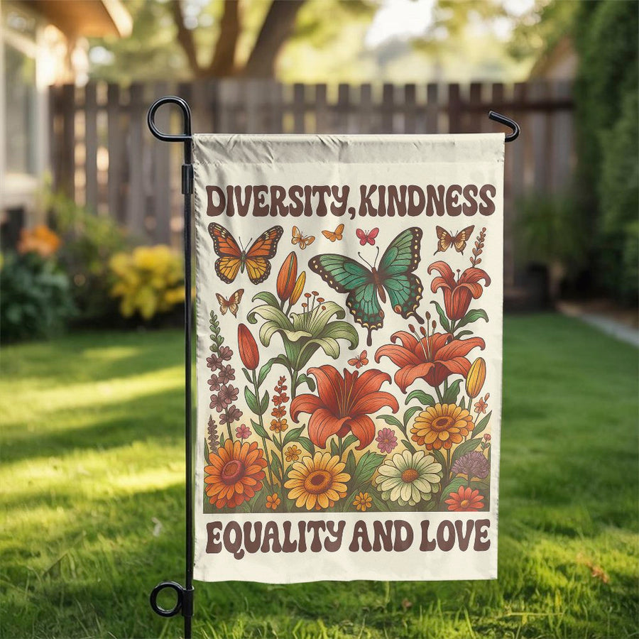 Diversity Kindness Equality Love Garden Flag | Retro Butterfly Floral Yard Decor | Weather-Resistant Premium Polyester | Inspiring Outdoor Gift