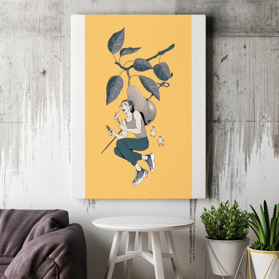 Surreal Pear Adventure Vertical Canvas | Whimsical Anime Illustration Wall Art | Premium Thick Gallery Wrap | Modern Home Decor Gift for Anime Fans