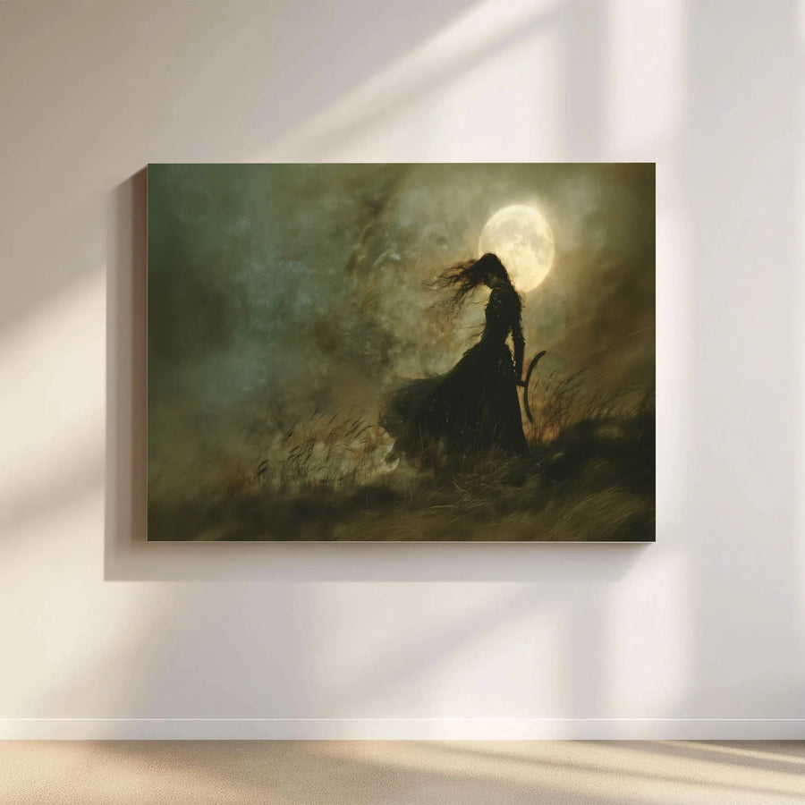 Gothic Fantasy Wall Art | Female Archer Moon Silhouette Canvas | Premium Gallery-Wrapped Print | Moody Dark Academia Home Decor