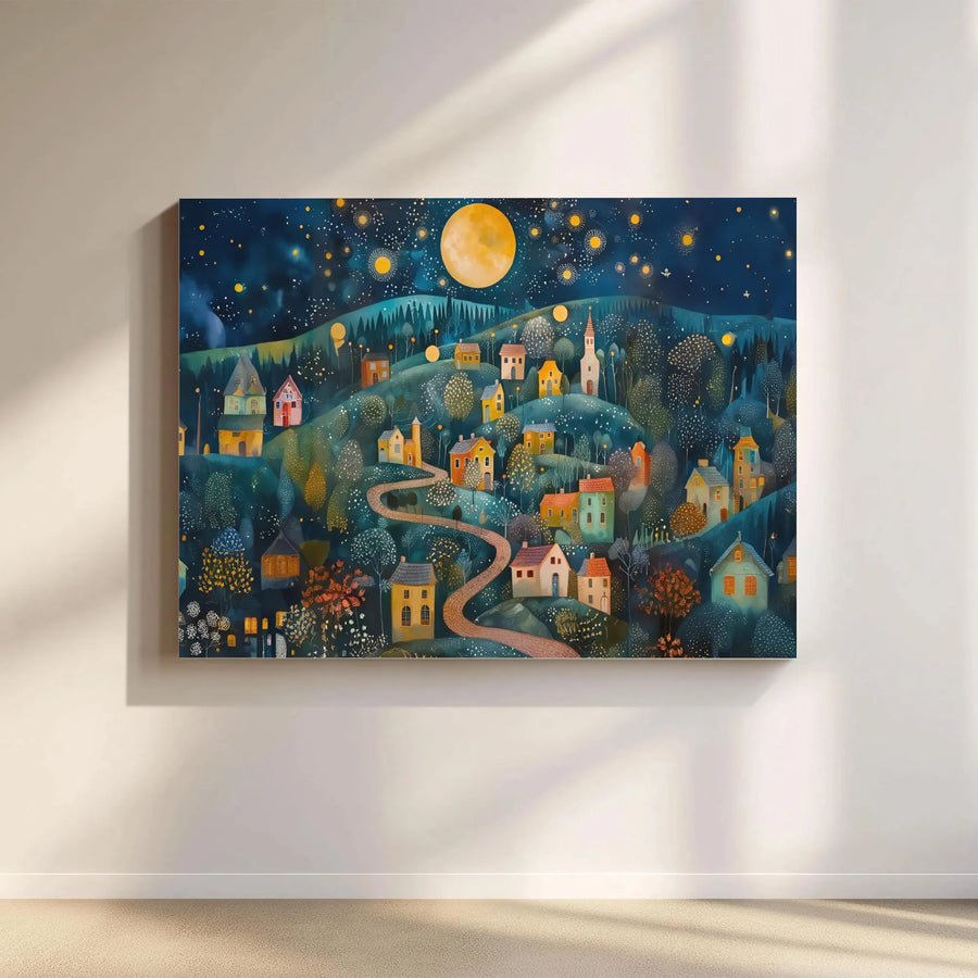 Whimsical Village Night Canvas | Moonlit Hill Landscape Wall Art | Premium 1.25 Inch Gallery Wrap | Dreamy Bedroom Living Room Decor