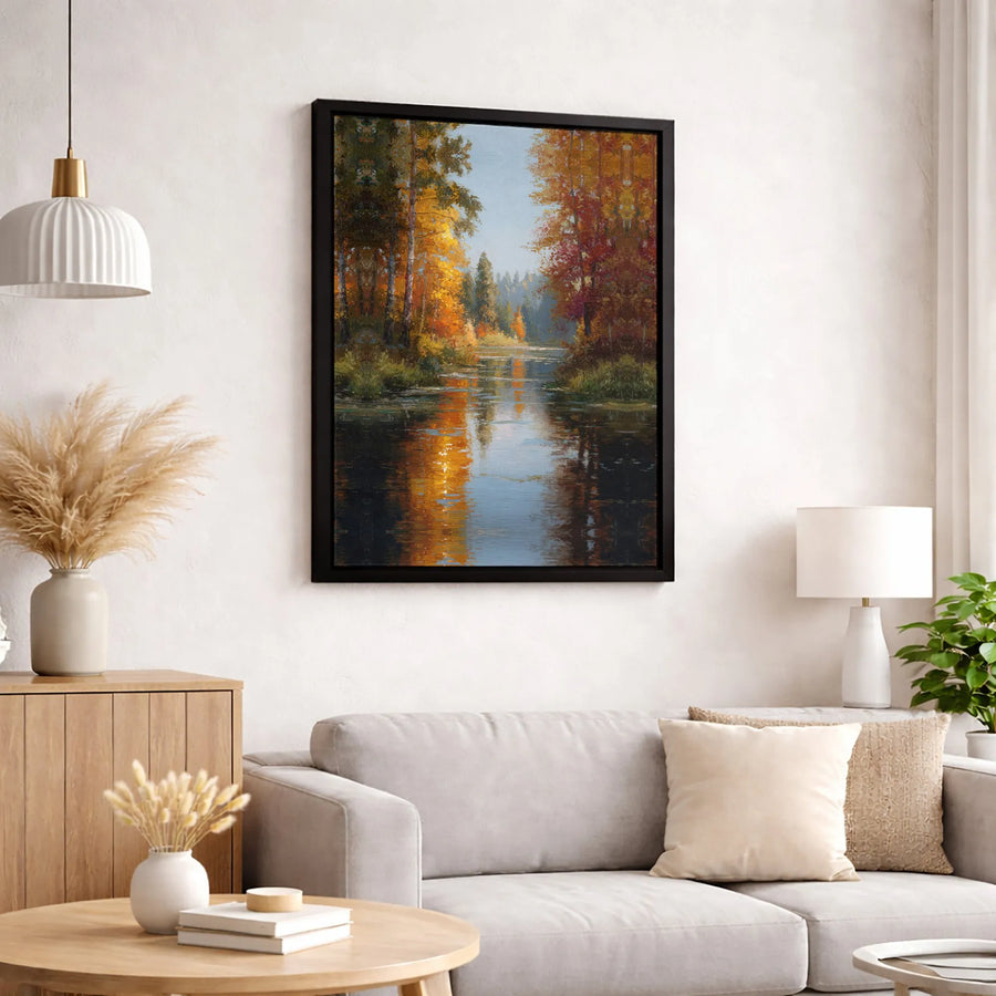 Autumn Forest River Canvas Wall Art | Serene Fall Foliage Landscape Painting | Gallery Quality 1.25” Thick Print | Cozy Home Office Decor Gift