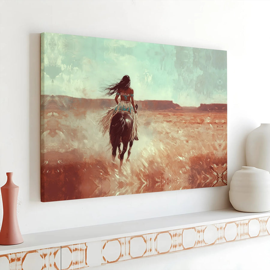 Impression sur toile d’une Amérindienne à cheval | Peinture impressionniste du désert de l’Ouest américain | Toile haut de gamme tendue sur châssis | Cadeau de décoration intérieure du Sud-Ouest américain