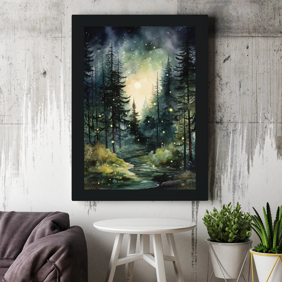 Enchanted Forest Canvas Wall Art | Moonlight Fireflies Watercolor Landscape | Premium Fade-Resistant Gallery Wrap | Whimsical Nature Home Decor Gift
