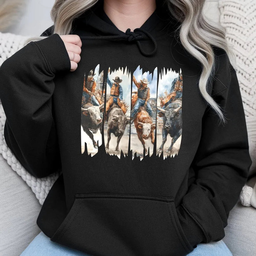 Bucking Bull Rider Hoodie | Rodeo Western Graphic Art | Premium Cotton Blend | Country Style Gift for Him or Her